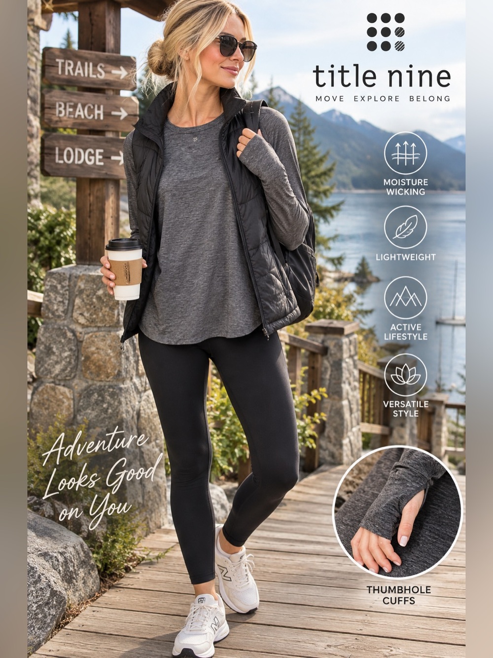 Title Nine Women XL Gray Space Dye Long Sleeve Active Top Thumbholes Raglan